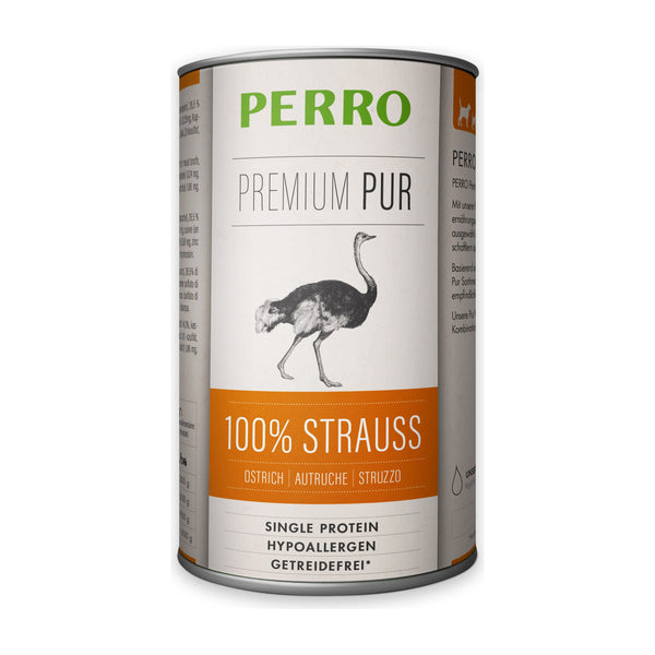 PERRO Premium Pur Strauß, Tray mit 12 × 410 g – Singleprotein-Nassfutter für Hunde
