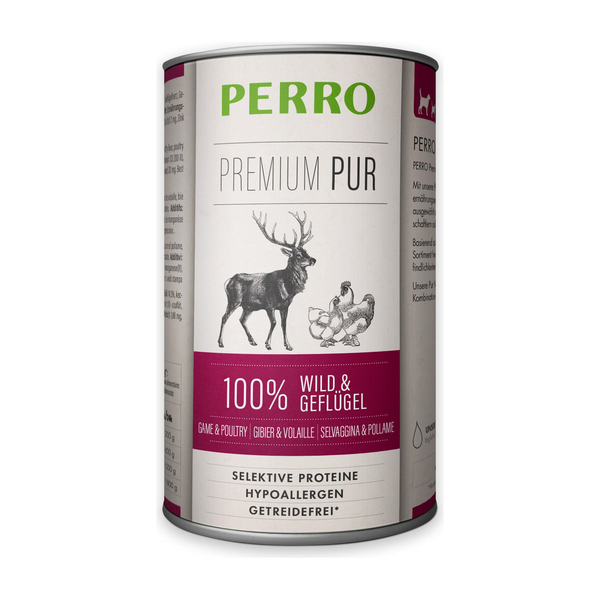 PERRO Premium Pur Wild & Geflügel, Tray mit 12 × 400 g – Fleisch-Nassfutter für Hunde