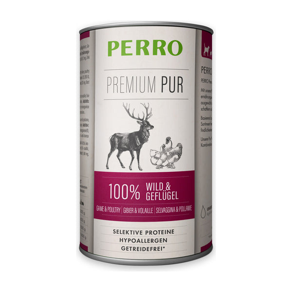 PERRO Premium Pur Wild & Geflügel, Tray mit 12 × 400 g – Fleisch-Nassfutter für Hunde