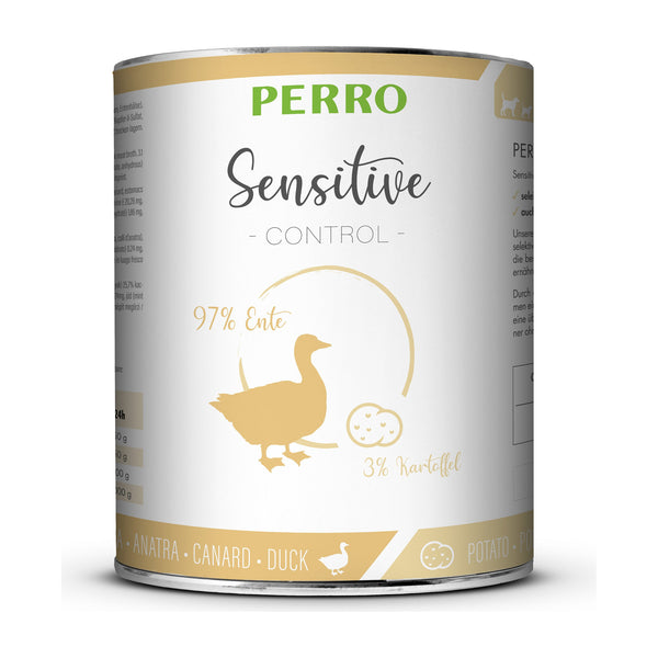 PERRO Sensitive Control Ente & Kartoffel, Tray mit 6 × 820 g – Nassfutter ohne Getreide für Hunde